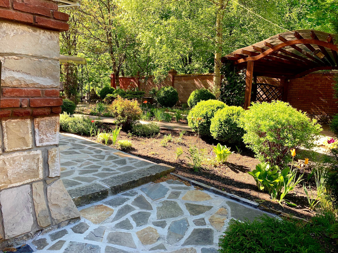 Jardin luxuriant avec allée pavée